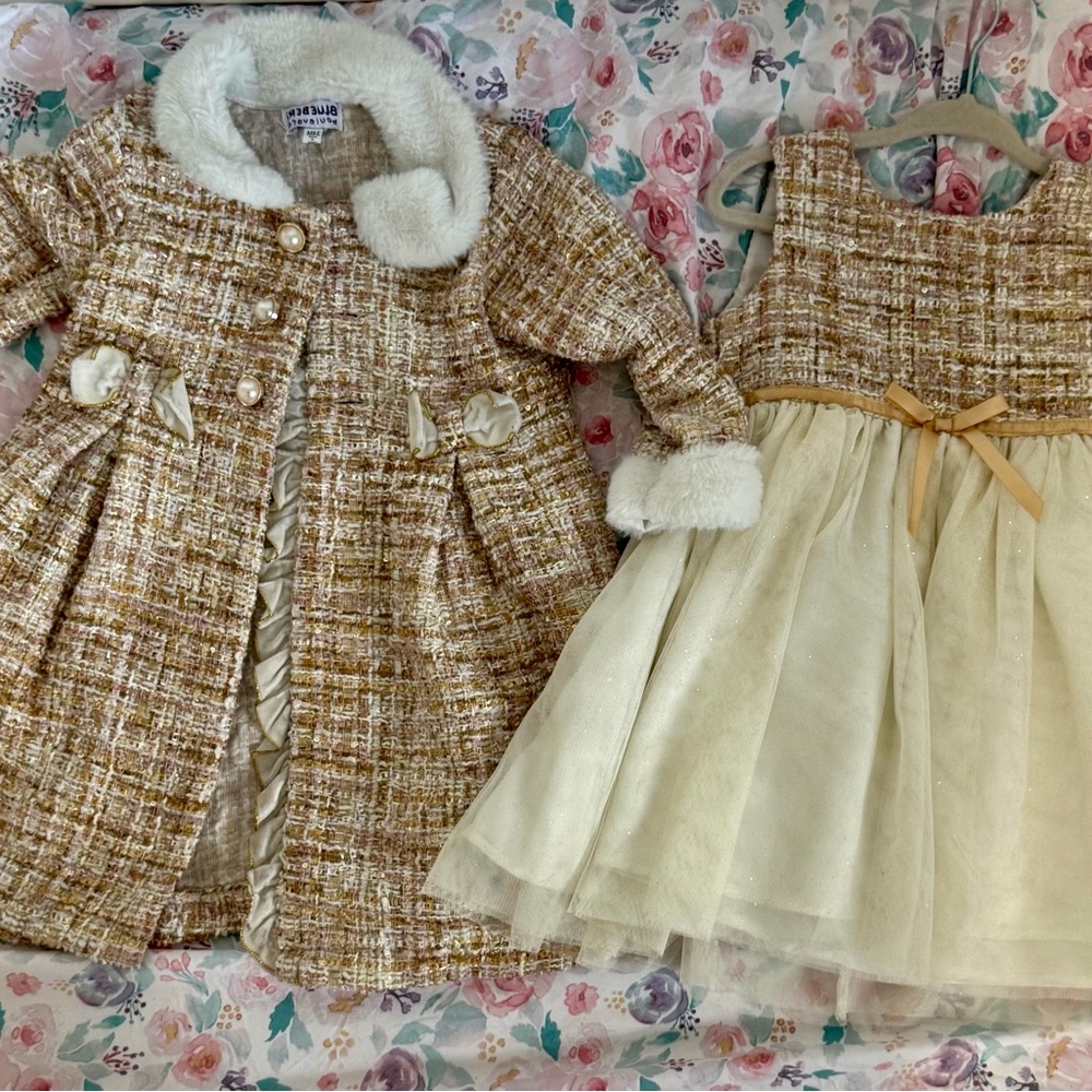 Blueberi Boulevard Cream and Tan Formal Kids Dress Set